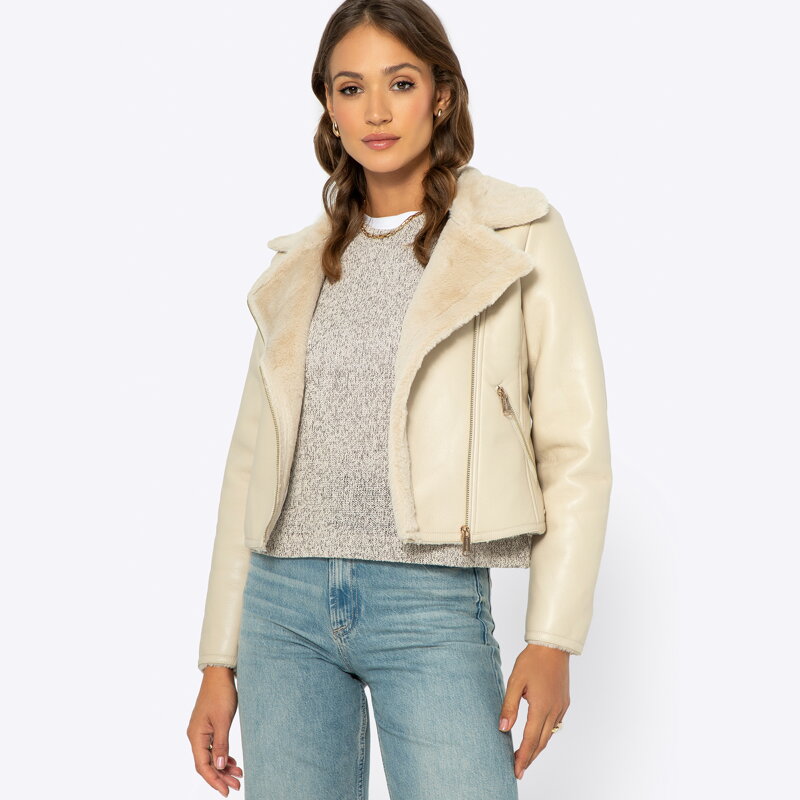 Damska ramoneska z ekoskóry futerkowa kremowa 99-9P-111-0