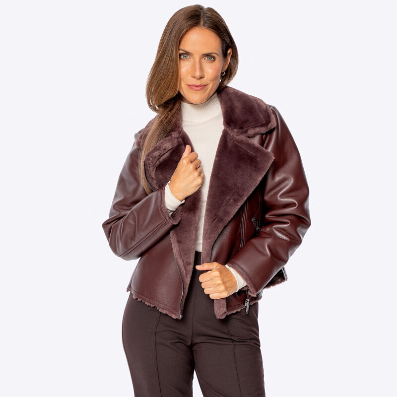 Damska ramoneska z ekoskóry ze sztucznym futerkiem bordowa 101-9P-103-3