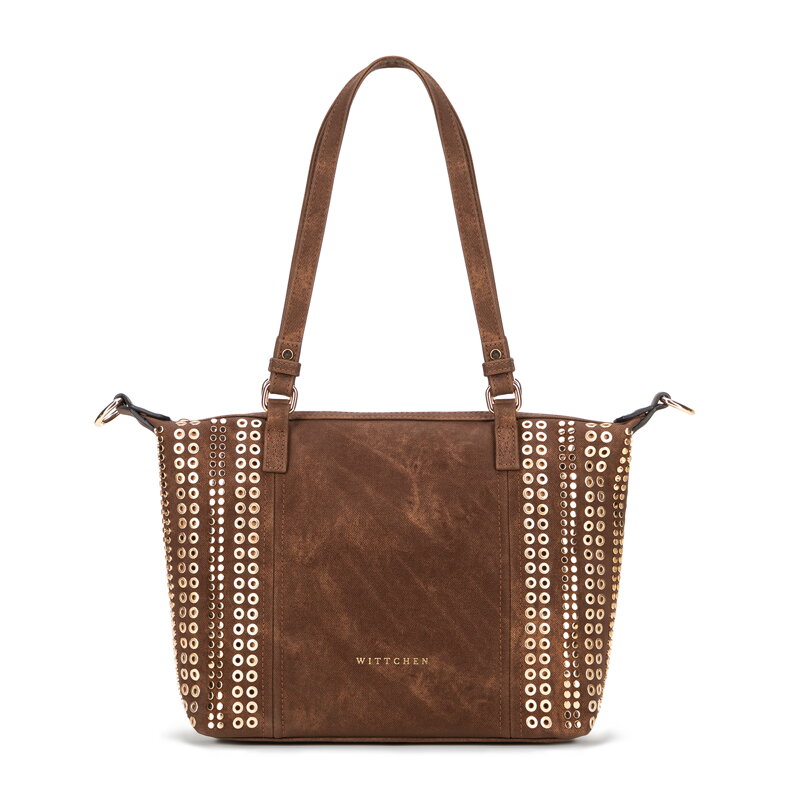 Damska shopperka w dekoracyjne nity brązowa 101-4Y-712-4