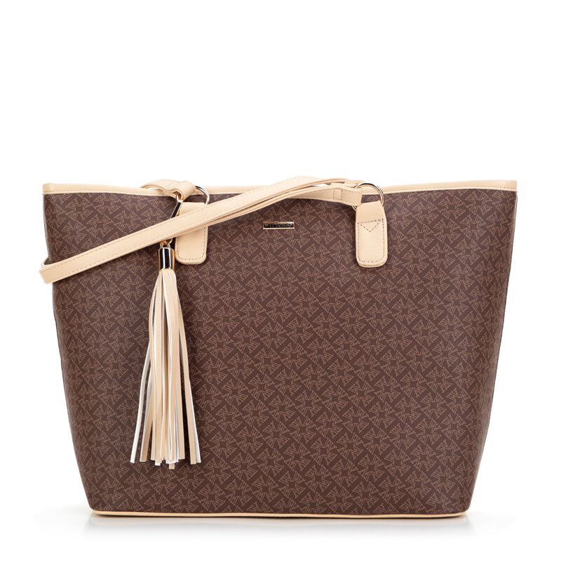 Dámska shopper kabelka so strapcom a monogramom hnedá 99-4Y-505-4 Dámska shopper kabelka so strapcom a monogramom hnedá 99-4Y-505-4
