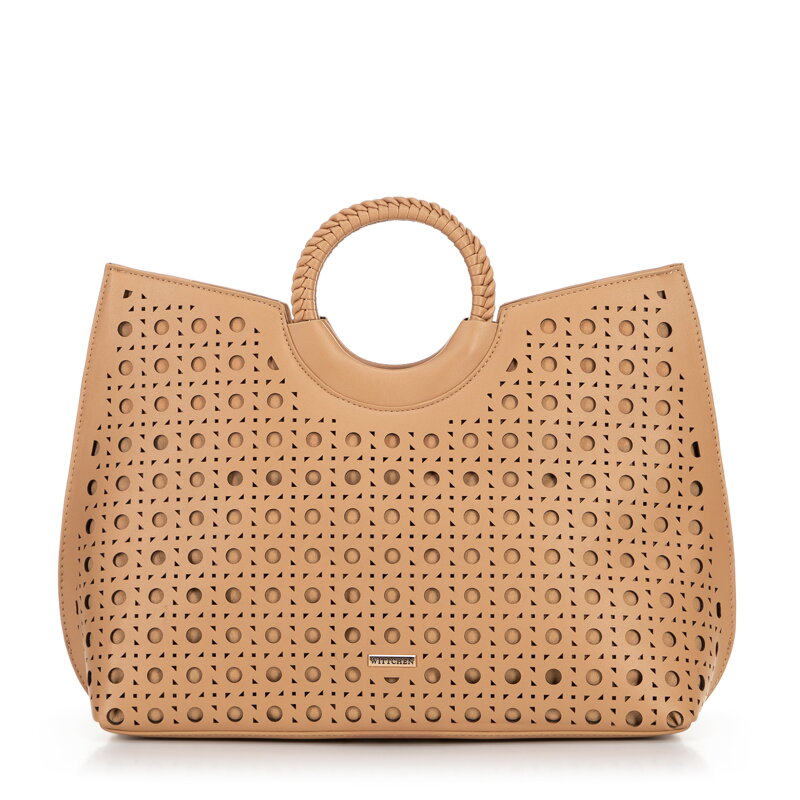 Dámska shopper kabelka z ekokože s geometrickými výrezmi béžová 100-4Y-204-9 Dámska shopper kabelka z ekokože s geometrickými výrezmi béžová 100-4Y-204-9