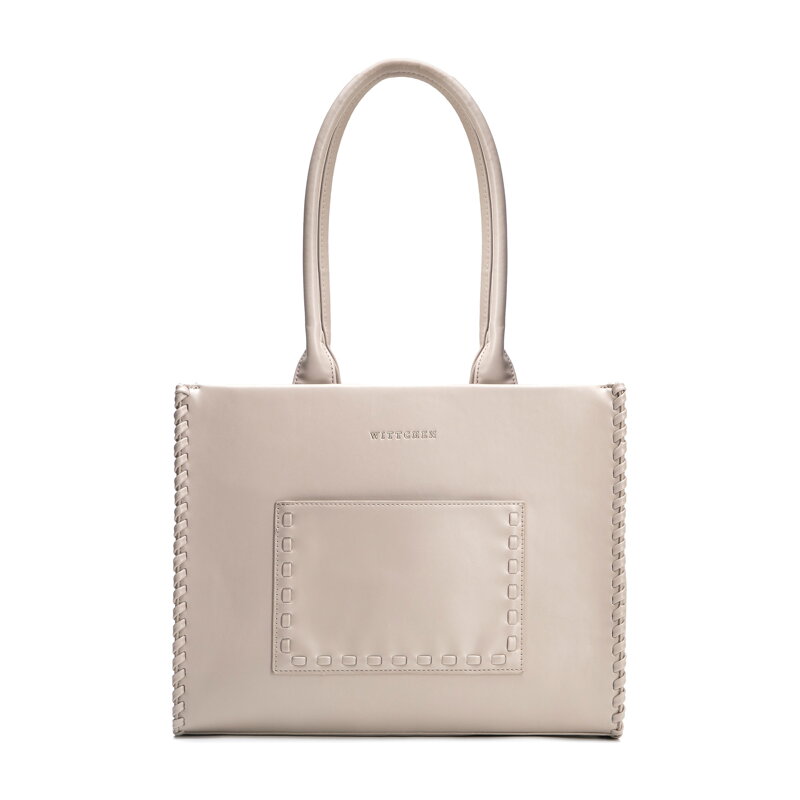 Damska shopperka z imitacji skóry z dekoracyjną plecionką beżowa 101-4Y-401-9