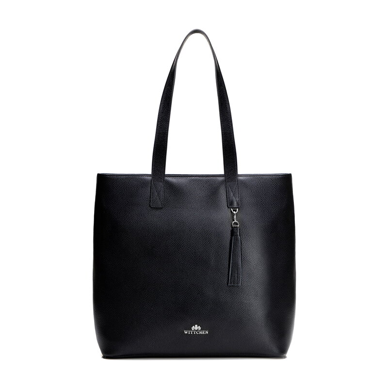 Dámska kožená shopper kabelka vertikálna čierna so strieborným logom 100-4E-622-1S