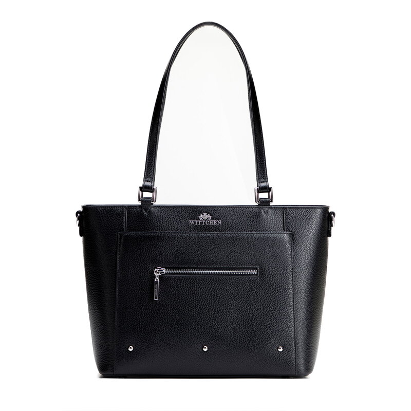 Dámska kožená shopper kabelka s vreckami čierna a strieborná 100-4E-607-1S