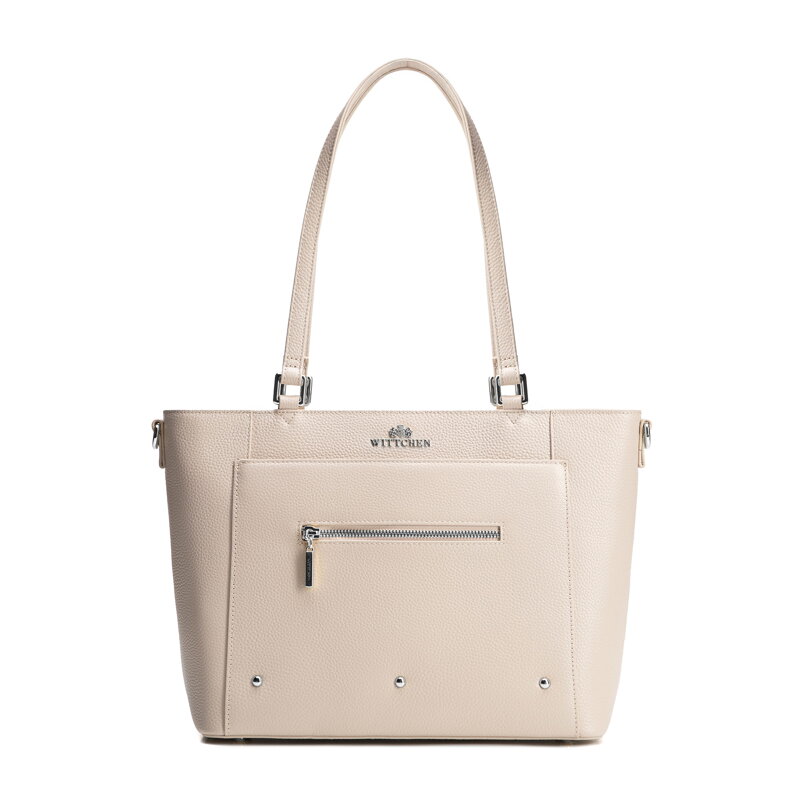 Dámska kožená shopper kabelka s vreckami krémová a strieborná 100-4E-607-9S