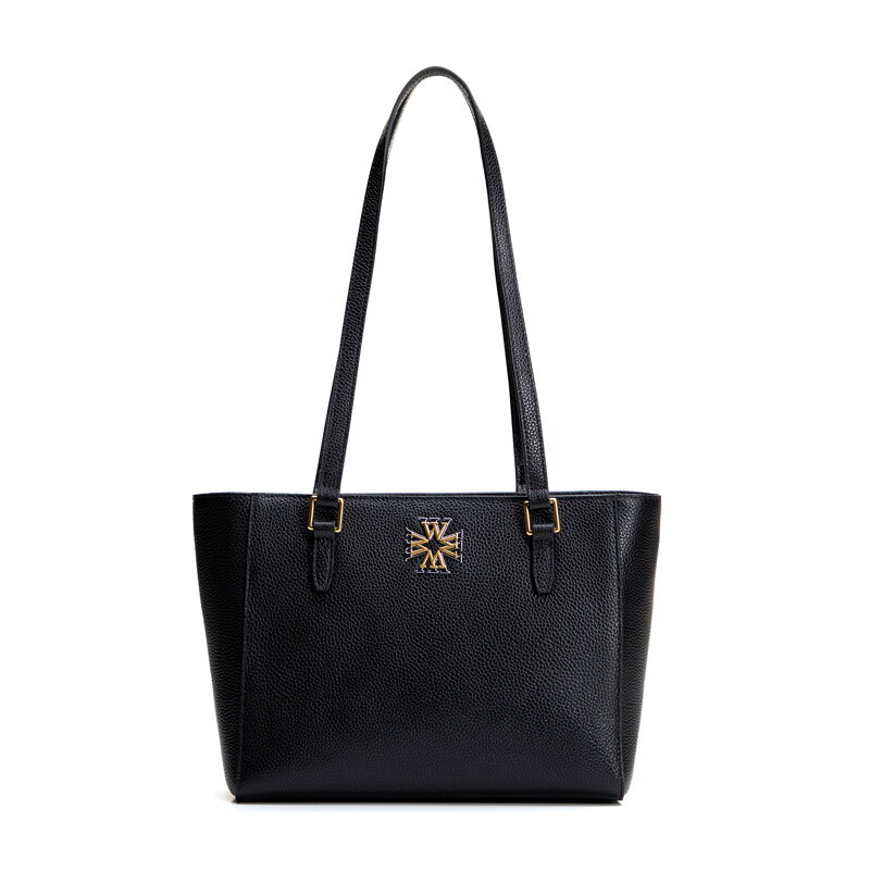 Dámska kožená kabelka cez rameno čierna so strieborno-zlatým logom 100-4E-612-1G