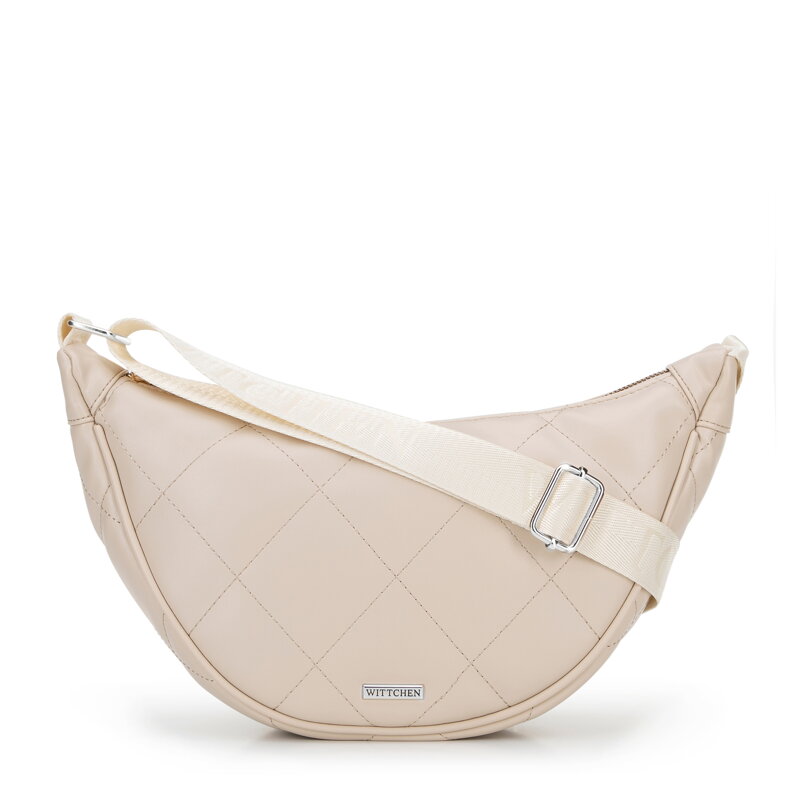 Damska torebka crossbody w geometryczne przeszycia kremowo - srebrna 100-4Y-422-9S Damska torebka crossbody w geometryczne przeszycia kremowo - srebrna 100-4Y-422-9S