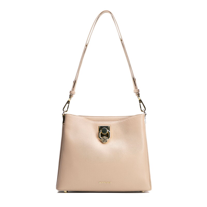 Dámska kožená kabelka cez rameno s prackou béžová 100-4E-605-9
