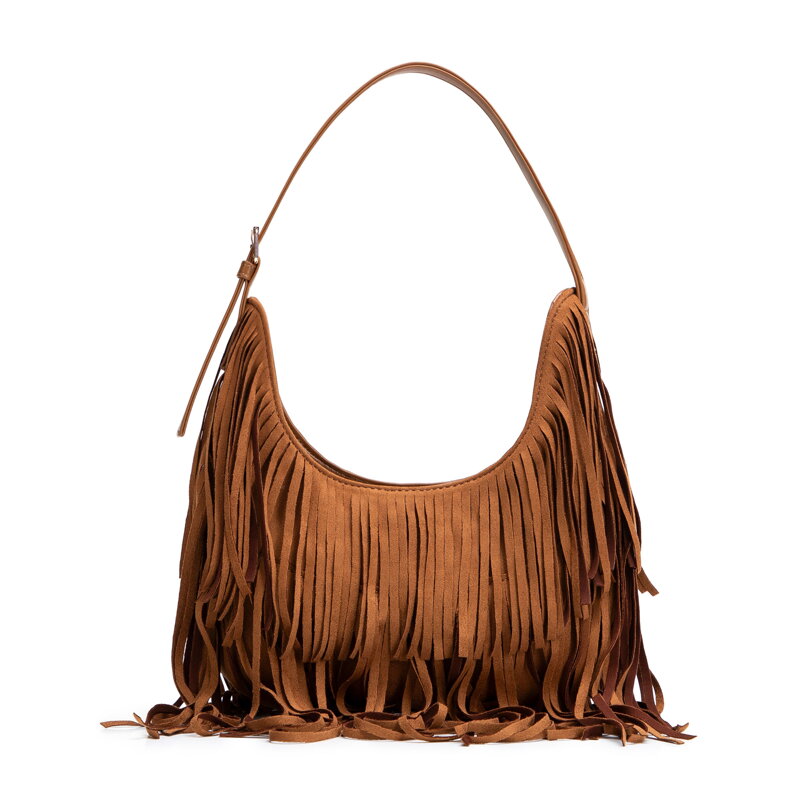 Damska torebka na ramię z frędzlami brązowa 102-4Y-409-5