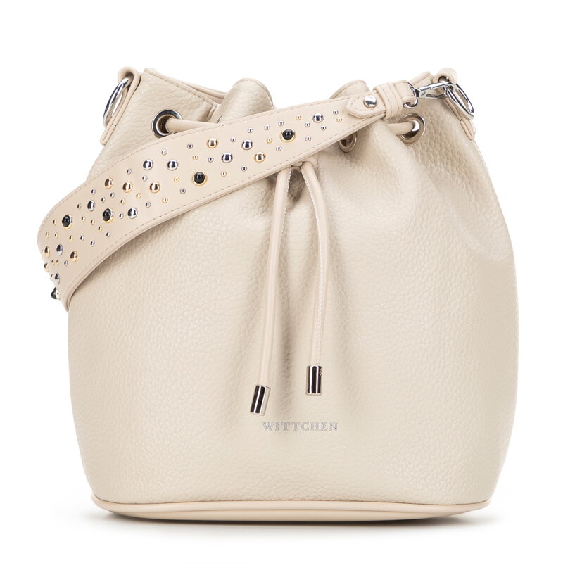 Damska torebka worek z imitacji skóry z dżetami kremowa 101-4Y-705-0