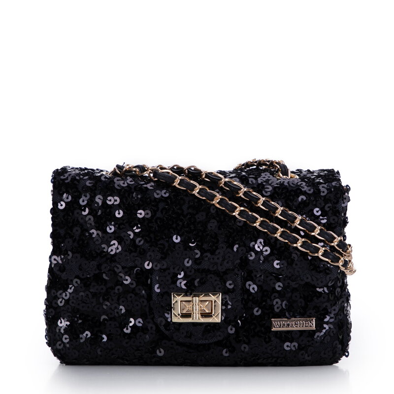 Damska torebka z cekinami na łańcuszku czarno - złota 98-4Y-023-1G