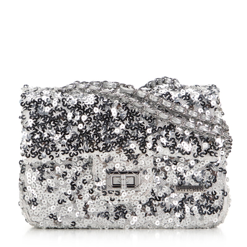 Damska torebka z cekinami na łańcuszku srebrna 98-4Y-023-S