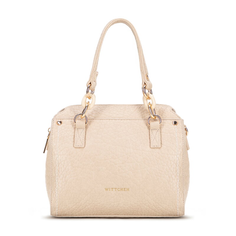 Damski kuferek z imitacji skóry z kontrastowym przeszyciem kremowy 101-4Y-707-0