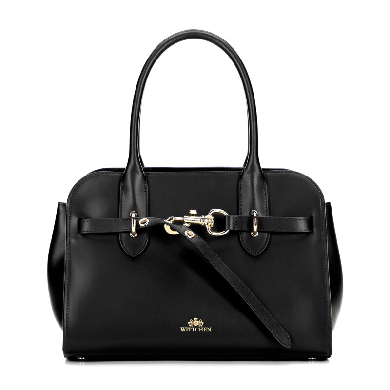 Damski kuferek z naturalnej skóry z dekoracyjnym zapięciem czarny 102-4E-001-1