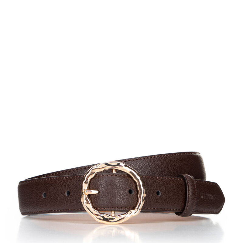 Damski pasek ze skóry naturalnej z błyszczącą klamrą brązowy 101-8D-203-4