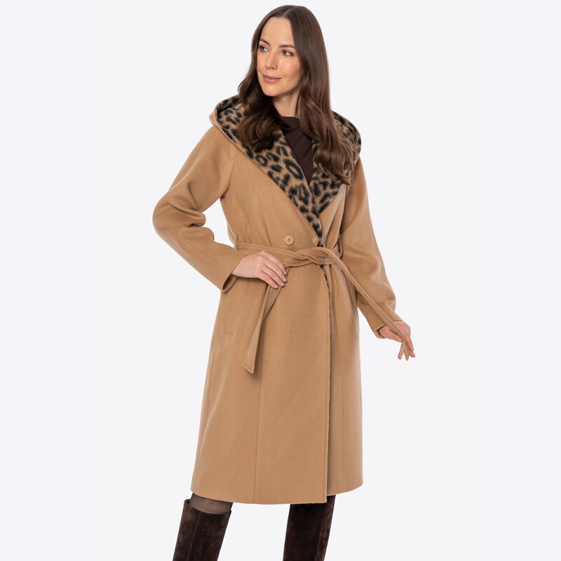 Damski płaszcz dwurzędowy z wełną camelowy 101-9W-503-5