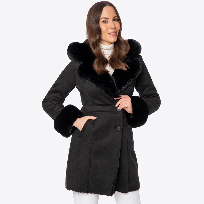 Dámsky čierny kabát s kapucňou 101-9W-300-1