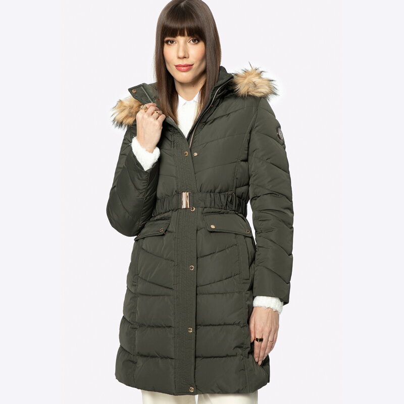 Damski płaszcz pikowany z paskiem zielony 97-9D-900-Z