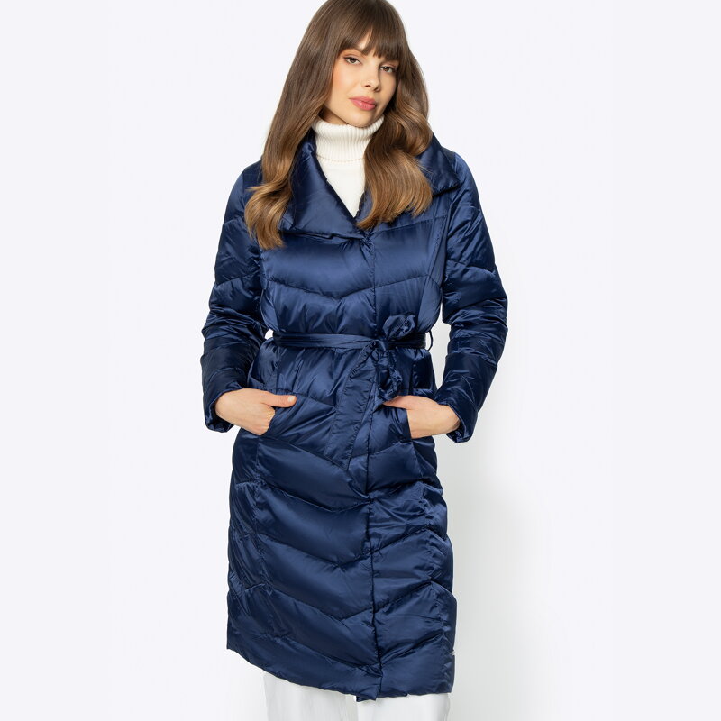 Damski płaszcz puchowy z kapturem granatowy 95-9D-401-N