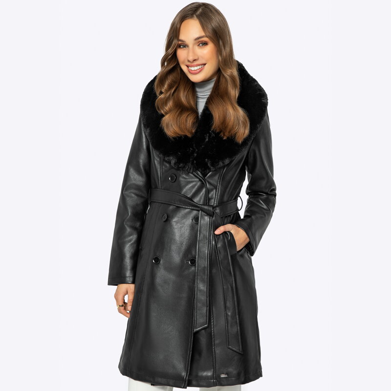 Damski płaszcz z ekoskóry i sztucznego futra czarny 99-9P-112-1 Damski płaszcz z ekoskóry i sztucznego futra czarny 99-9P-112-1