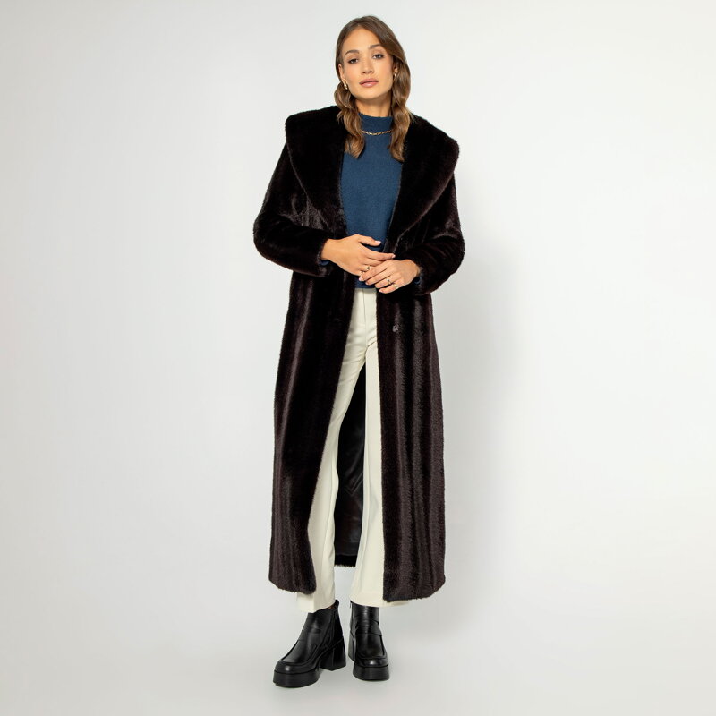 Damski płaszcz ze sztucznego futra klasyczny ciemny brąz 99-9W-902-5