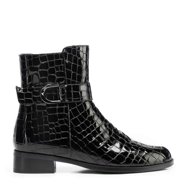 Damskie botki z lakierowanej skóry croco czarne 101-D-973-1 Damskie botki z lakierowanej skóry croco czarne 101-D-973-1