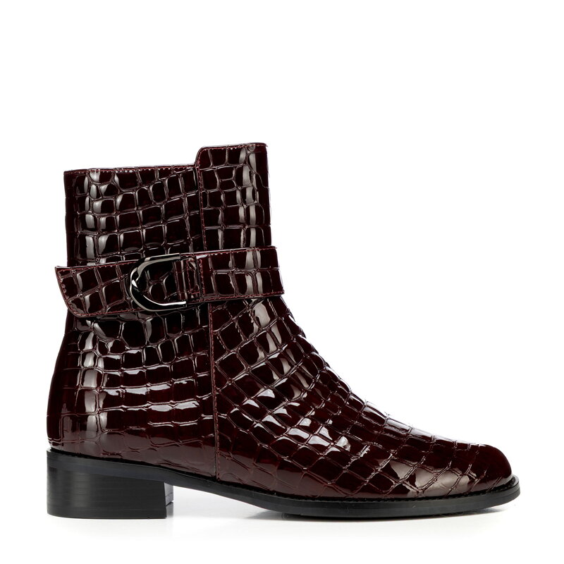 Damskie botki z lakierowanej skóry croco bordowe 101-D-973-3 Damskie botki z lakierowanej skóry croco bordowe 101-D-973-3