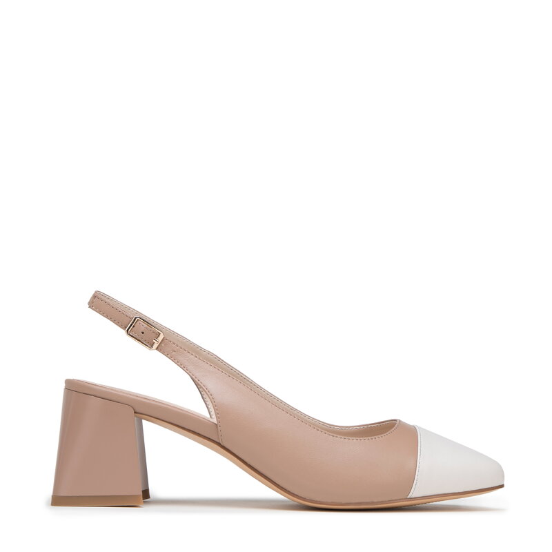 Damskie czółenka skórzane typu sling back na słupku beżowo-białe 98-D-964-90
