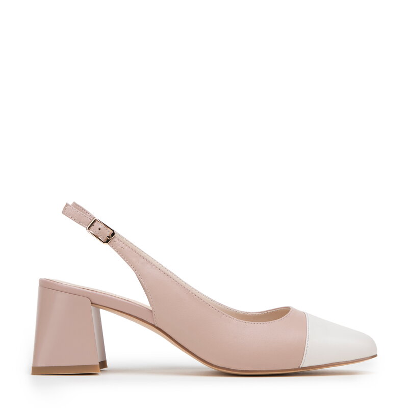 Damskie czółenka skórzane typu sling back na słupku różowo-białe 98-D-964-P
