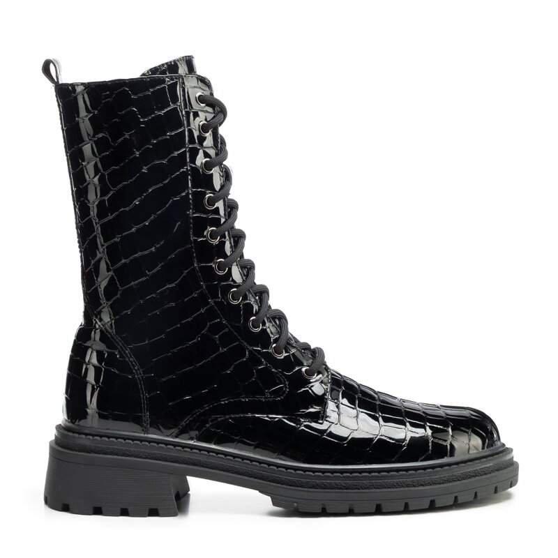 Damskie glany z lakierowanej skóry croco czarne 101-D-970-1