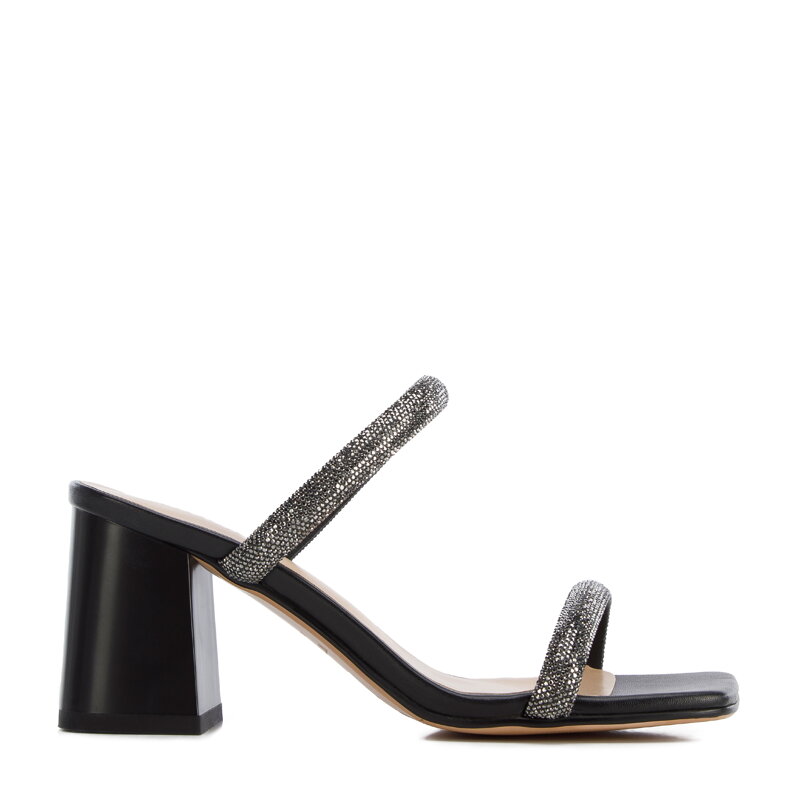 Damskie klapki skórzane z błyszczącymi paskami czarne 96-D-960-1