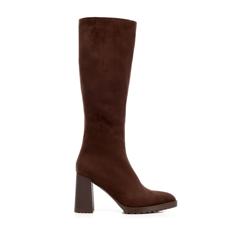 Damskie kozaki z imitacji zamszu na słupku brązowe 101-D-950-4