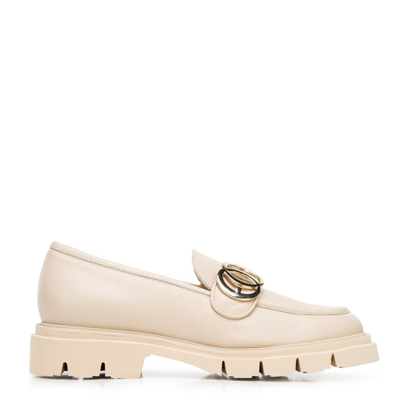 Damskie mokasyny skórzane ze sprzączką na grubej podeszwie jasny beż 94-D-101-9