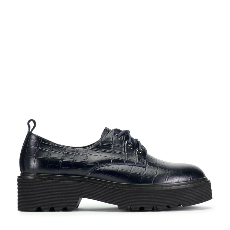 Damskie półbuty ze skóry croco na platformie granatowe 95-D-522-N