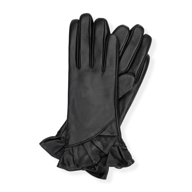 Damskie rękawiczki skórzane z dekoracyjną falbaną czarne 39-6L-032-1