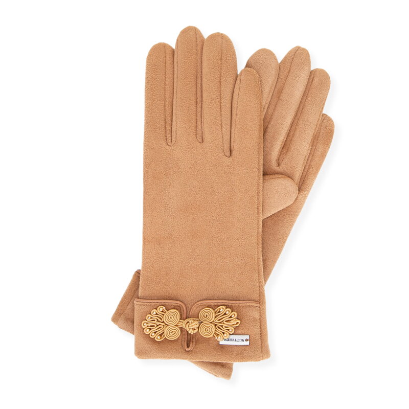 Damskie rękawiczki z dekoracyjnym akcentem jasny brąz 39-6P-058-5