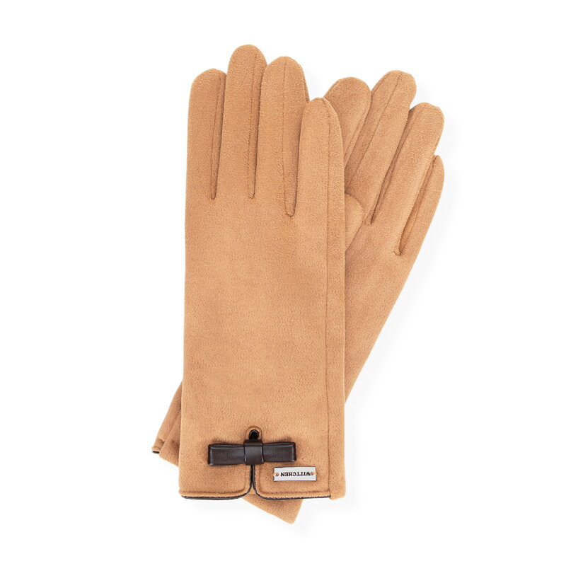 Damskie rękawiczki z małą kokardą jasny brąz 39-6P-048-5