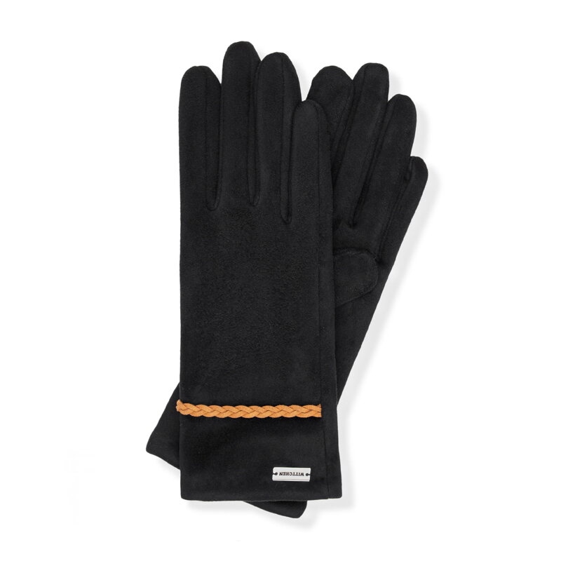 Damskie rękawiczki z ozdobnym rzemykiem czarno - brązowe 39-6P-056-1