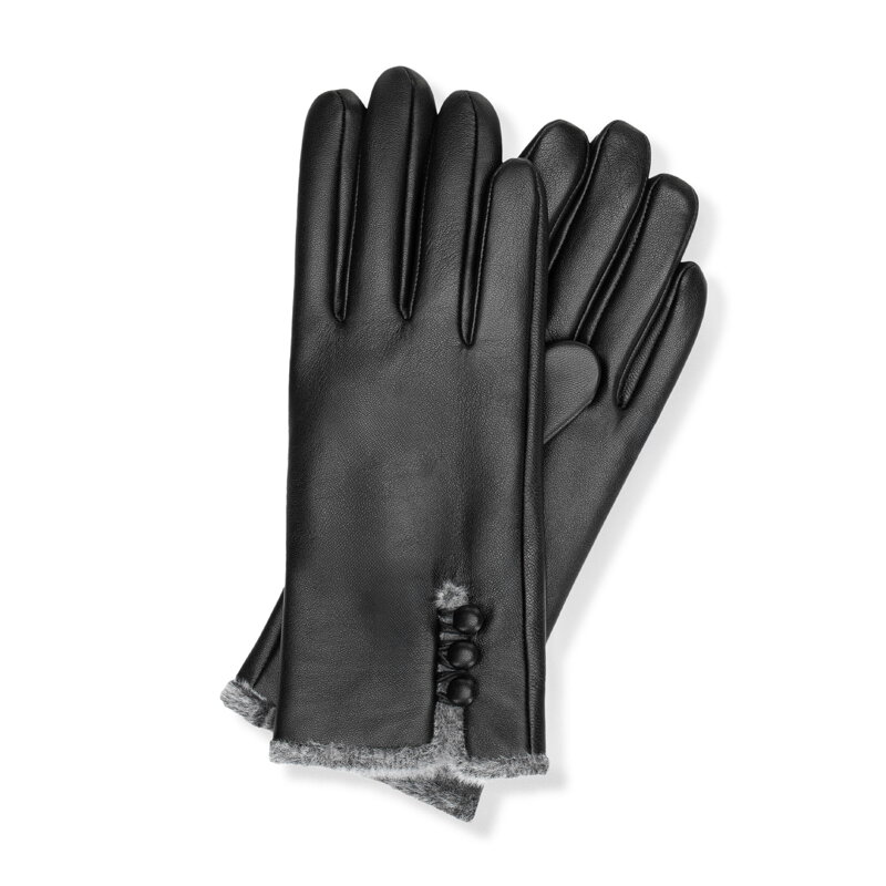 Damskie rękawiczki ze skóry naturalnej i sztucznym futerkiem czarne 39-6A-055-1
