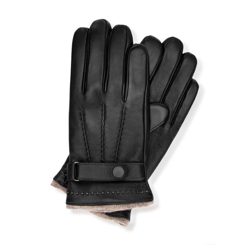 Męskie rękawiczki ze skóry naturalnej i wełny czarne 44-6L-037-19