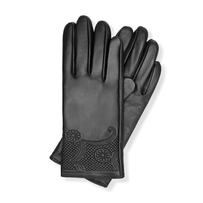 Damskie rękawiczki ze skóry naturalnej z kwiatowym wzorem czarne 39-6A-050-1