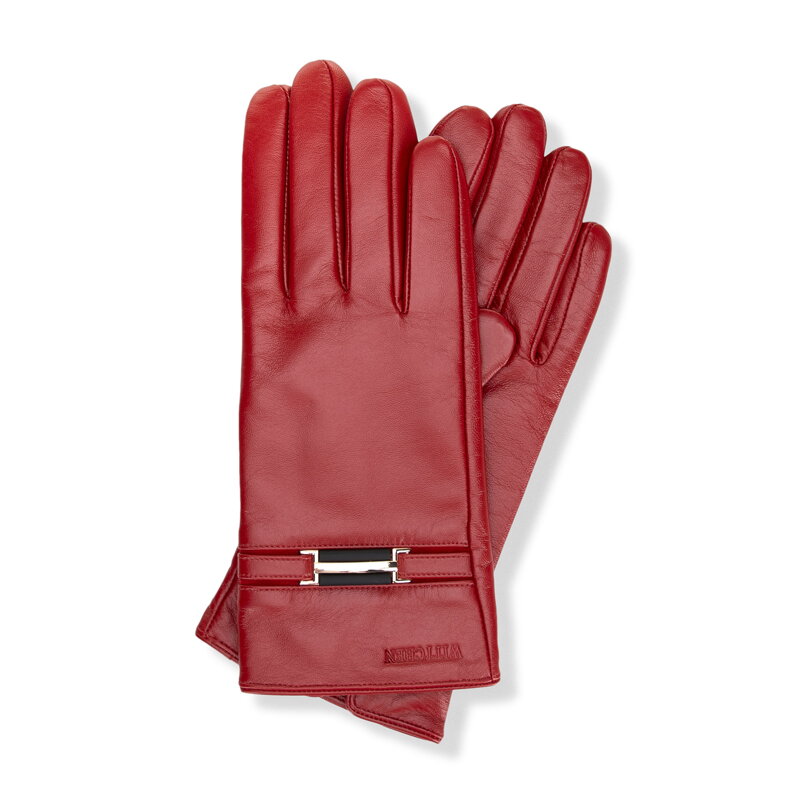 Damskie rękawiczki ze skóry naturalnej z ozdobnym paskiem czerwone 44-6A-059-3