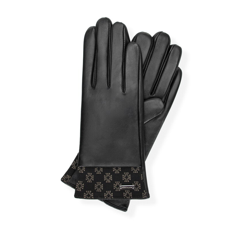 Damskie rękawiczki ze skóry naturalnej z monogramem czarne 39-6L-023-1