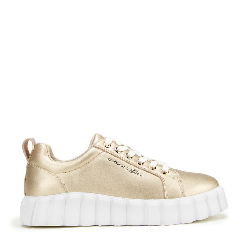 Damskie sneakersy skórzane na grubej platformie złote 97-D-951-G