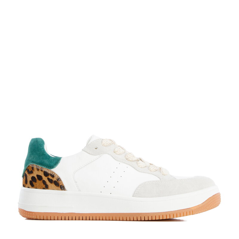 Damskie sneakersy skórzane ze wstawką z motywem zwierzęcym biało-zielone 96-D-964-0Z