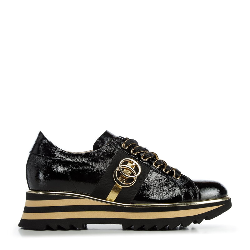 Damskie sneakersy z lakierowanej skóry z klamrą czarne 97-D-100-1 Damskie sneakersy z lakierowanej skóry z klamrą czarne 97-D-100-1