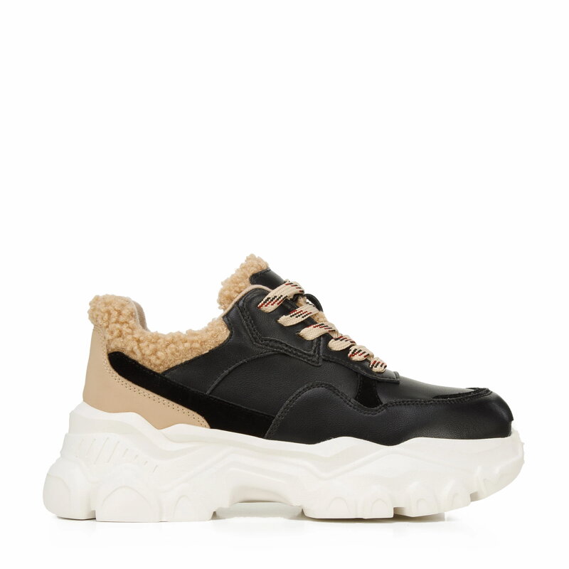 Damskie sneakersy ze sztucznym futrem czarno-beżowe 96-D-953-1 Damskie sneakersy ze sztucznym futrem czarno-beżowe 96-D-953-1