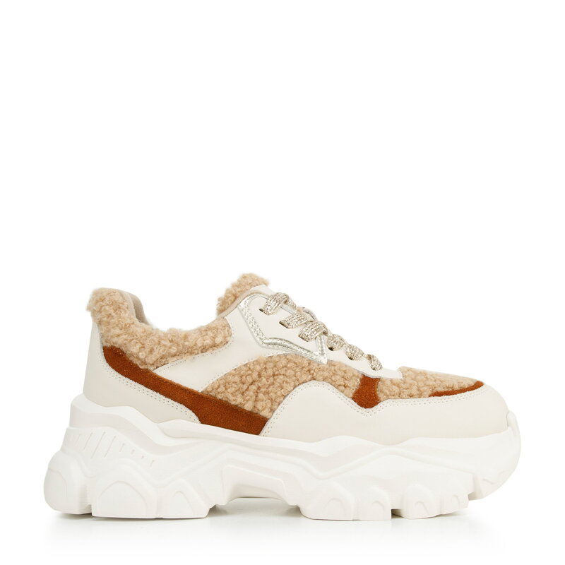 Damskie sneakersy ze sztucznym futrem biało-beżowe 96-D-953-9 Damskie sneakersy ze sztucznym futrem biało-beżowe 96-D-953-9