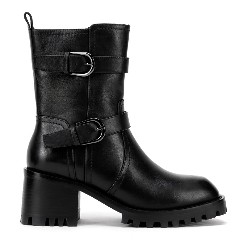 Damskie sztyblety ze skóry z klamrami czarne 99-D-966-1