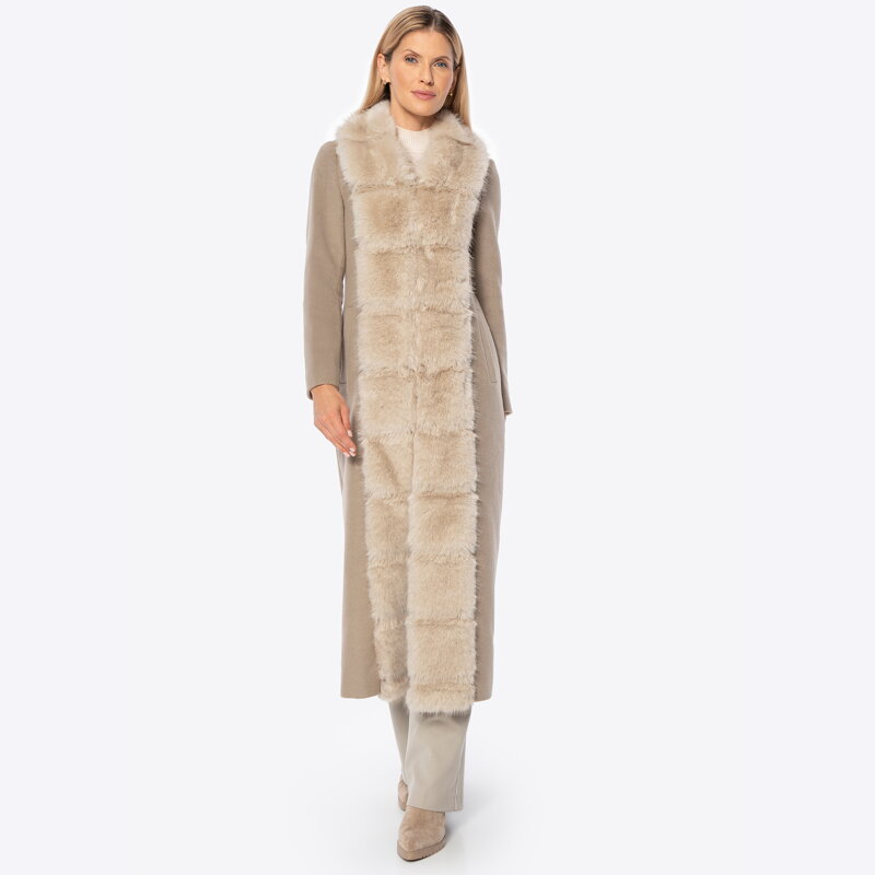 Długi damski płaszcz z wełny i sztucznego futra beżowy 101-9W-502-9